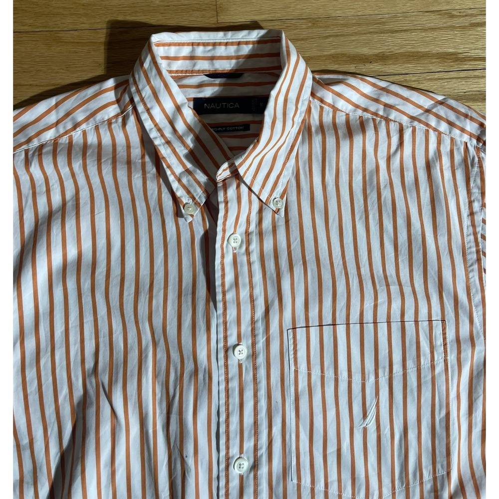 Nautica Shirt Mens Orange Stripe Long Sleeve Button Down Cotton Casual Size M
